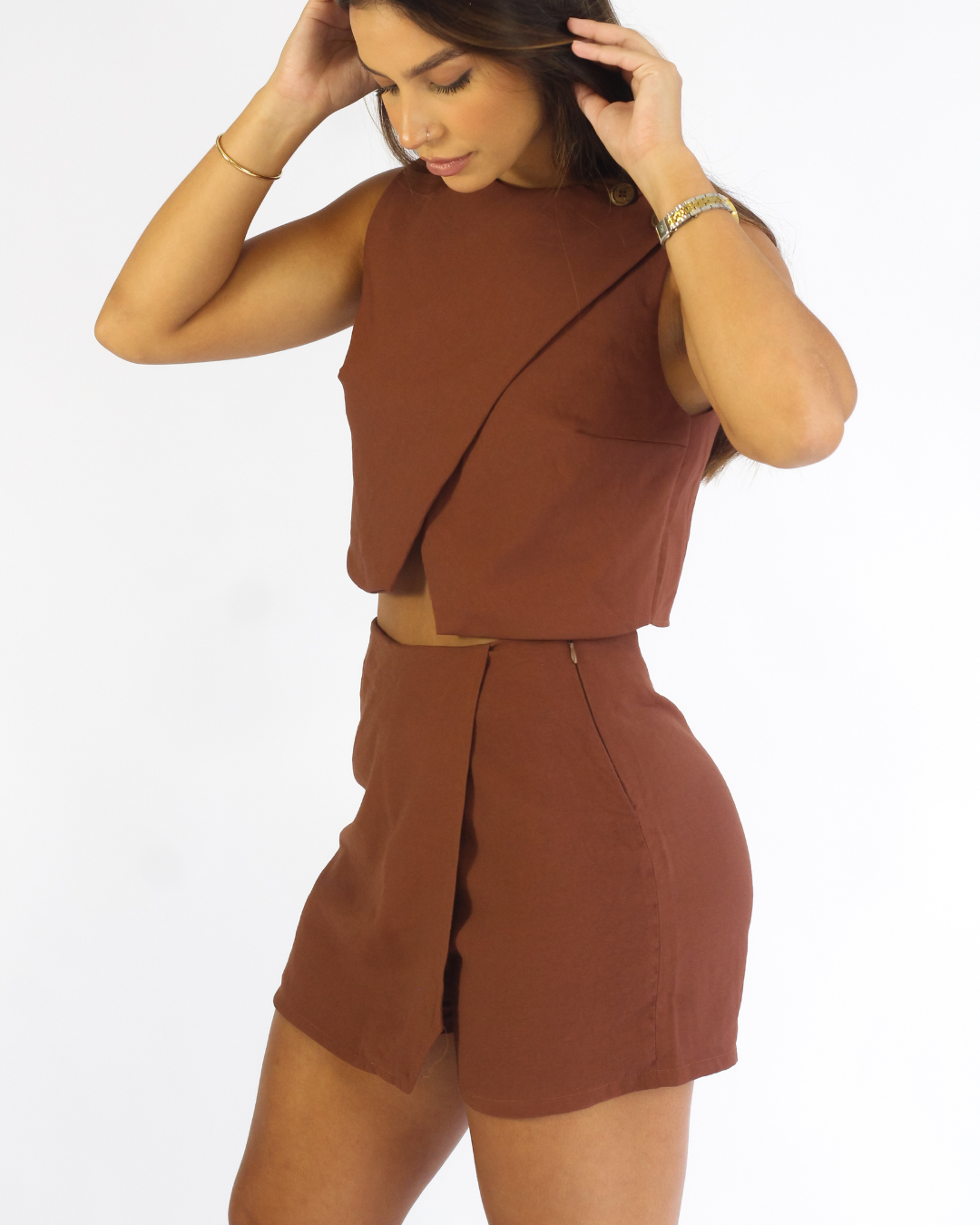 Short Saia Couture Marrom - Viscose Alfaiataria